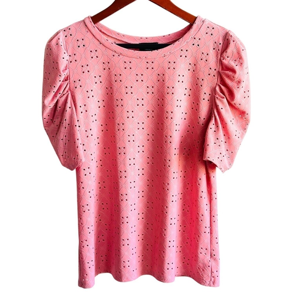 STITCH Short Puff Sleeve Top Pink Eyelet Jersey Women's Medium Round Neckline